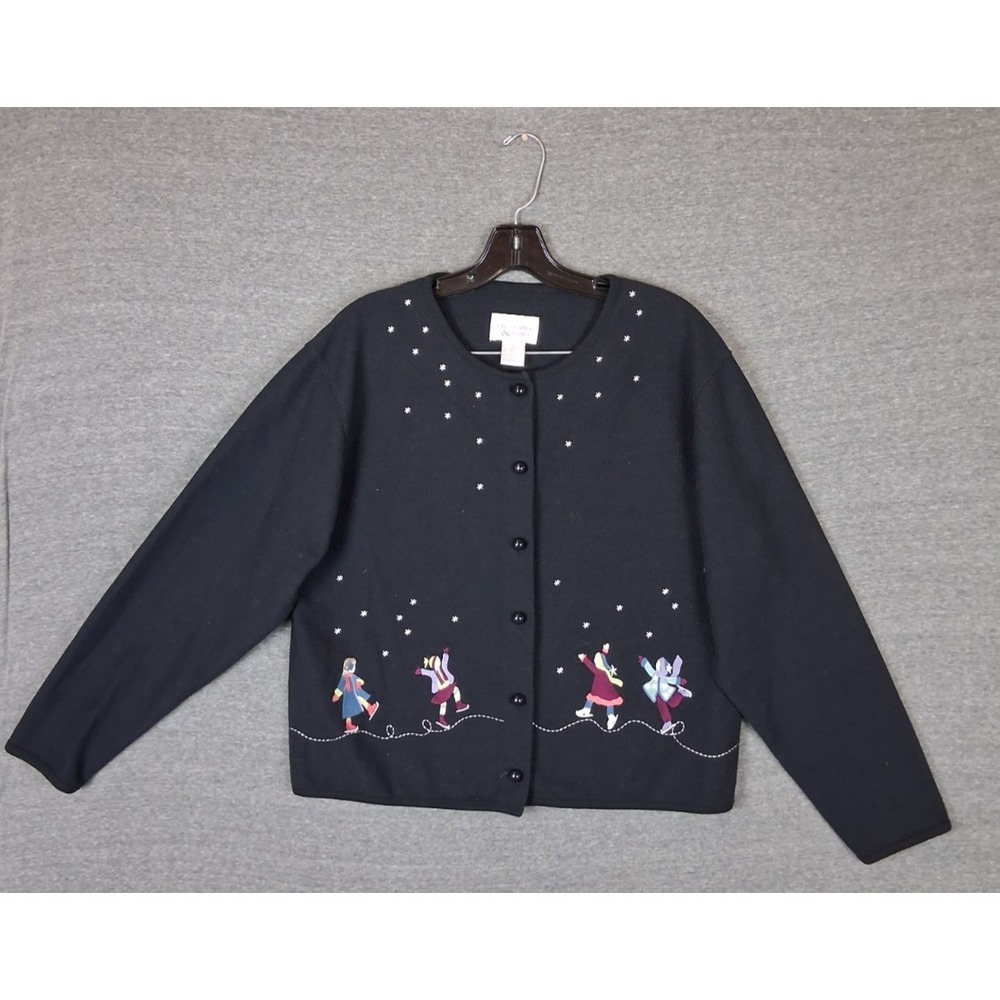 VTG CJ Banks Sweater L Black Cardigan Ice Skaters Novelty Grannycore Whimsical